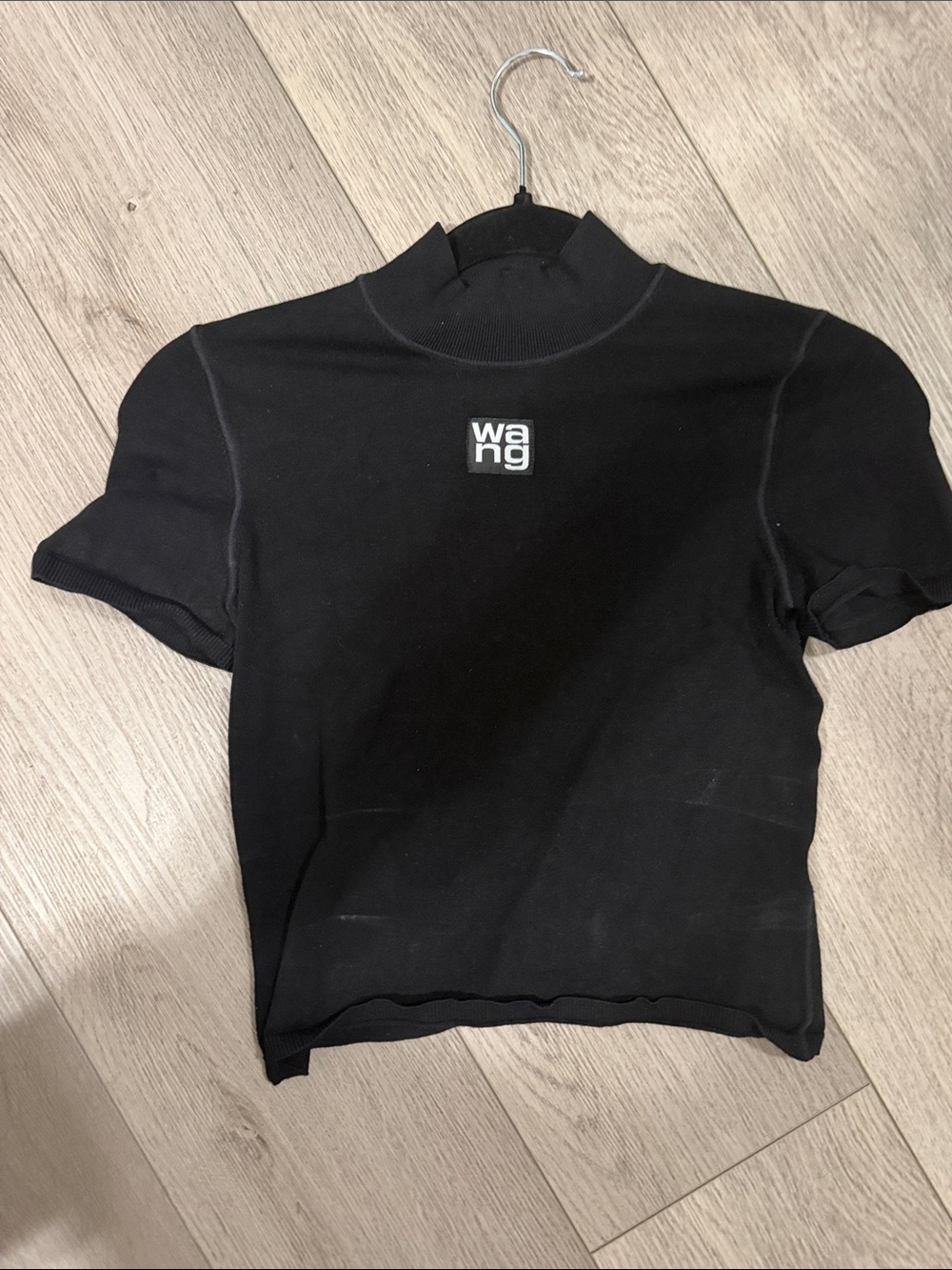 Alexander Wang Black Short Sleeve Mock Neck Logo Crop Top